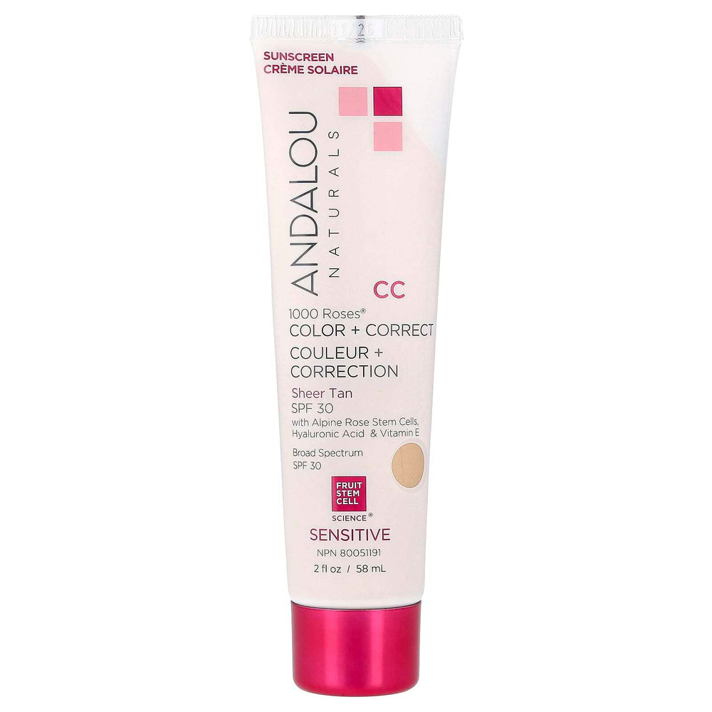 Andalou Naturals, 1000 Roses®, Color + Correct, для чувствительных волос, SPF 30, чистый загар, 58 мл (2 жидк. унции)