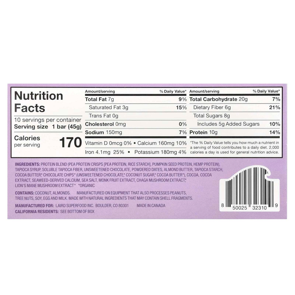 Laird Superfood, Протеиновый батончик Superfood + адаптогены, морская соль из темного шоколада, 10 пакетиков по 45 г (1,6 унции)