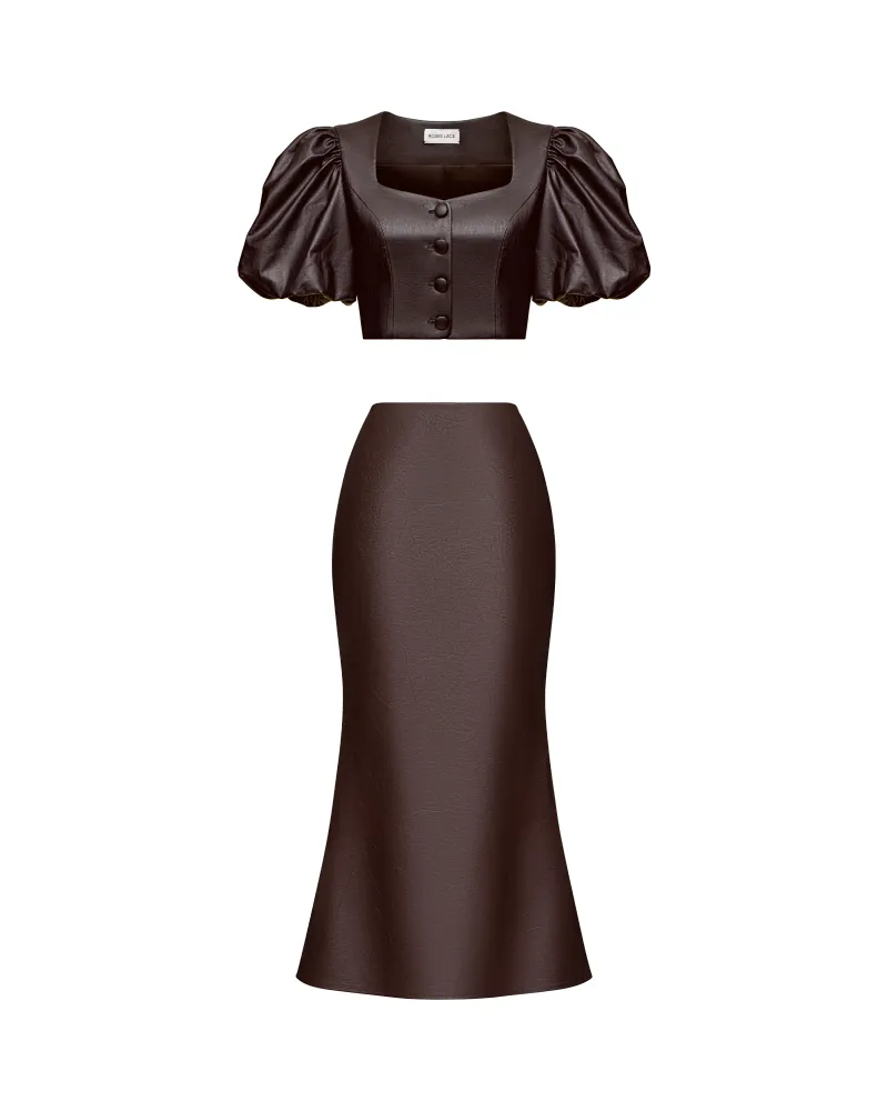 Шанель-Керелин миди (Chanelle-Kerelin midi), комплект топ и юбка миди из шоколадной экокожи