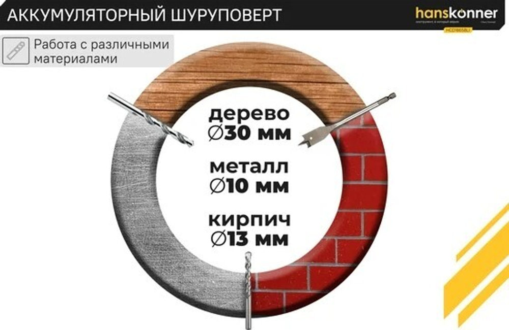 Дрель-шуруповерт аккумуляторная HANSKONNER HCD1865BLI ударная
