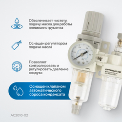 AC2010-02 Блок подготовки воздуха 1/4" с фильтром, манометром, маслораспылителем и регулятором давления