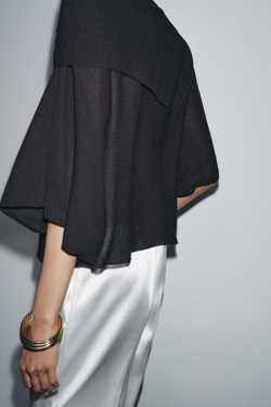 ZARA ОДНОТОННЫЙ ТРИКОТАЖНЫЙ ТОП-НАКИДКА, ЧЕРНЫЙ