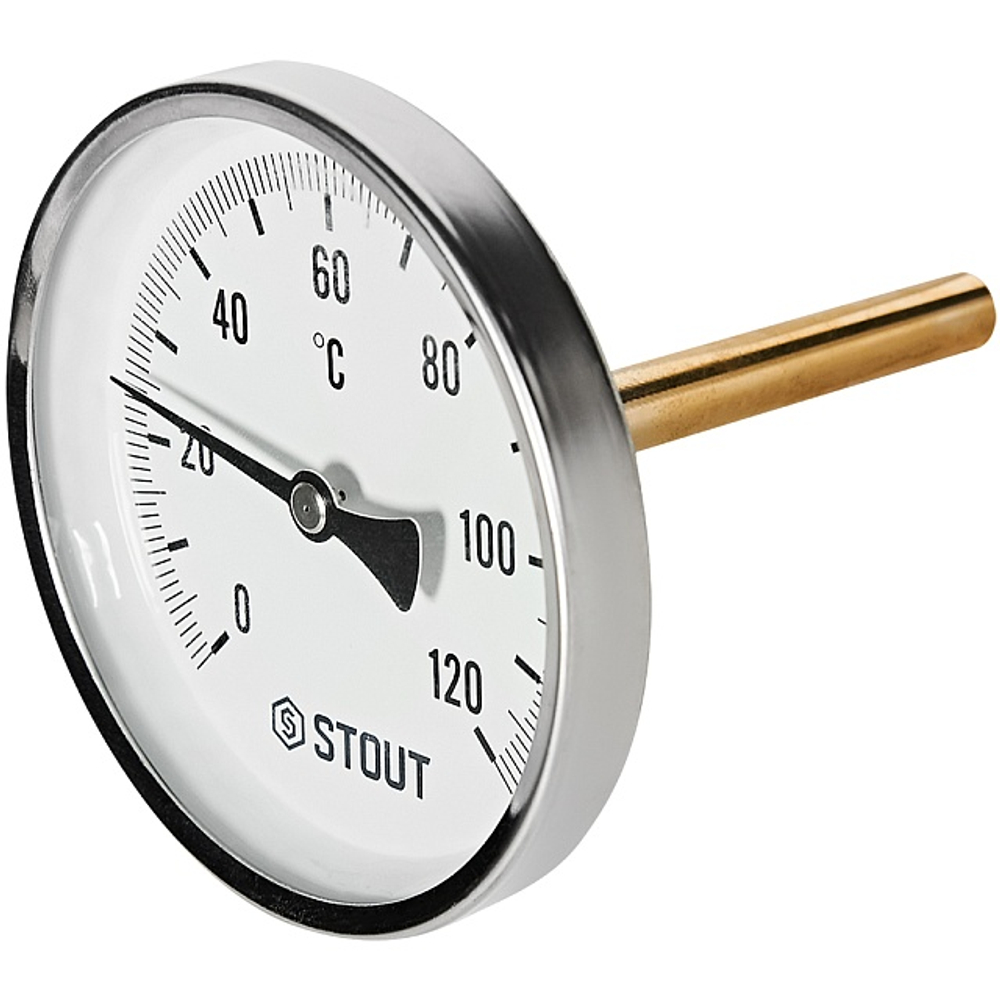 Термометр биметаллический аксиальный STOUT - 1/2" (D100мм, шкала 0-120°C, с гильзой 100мм)