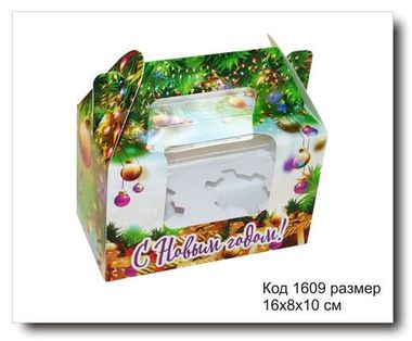 Коробка код 1609 с окном размер 16х8х10 см для капкейков (Новый год)