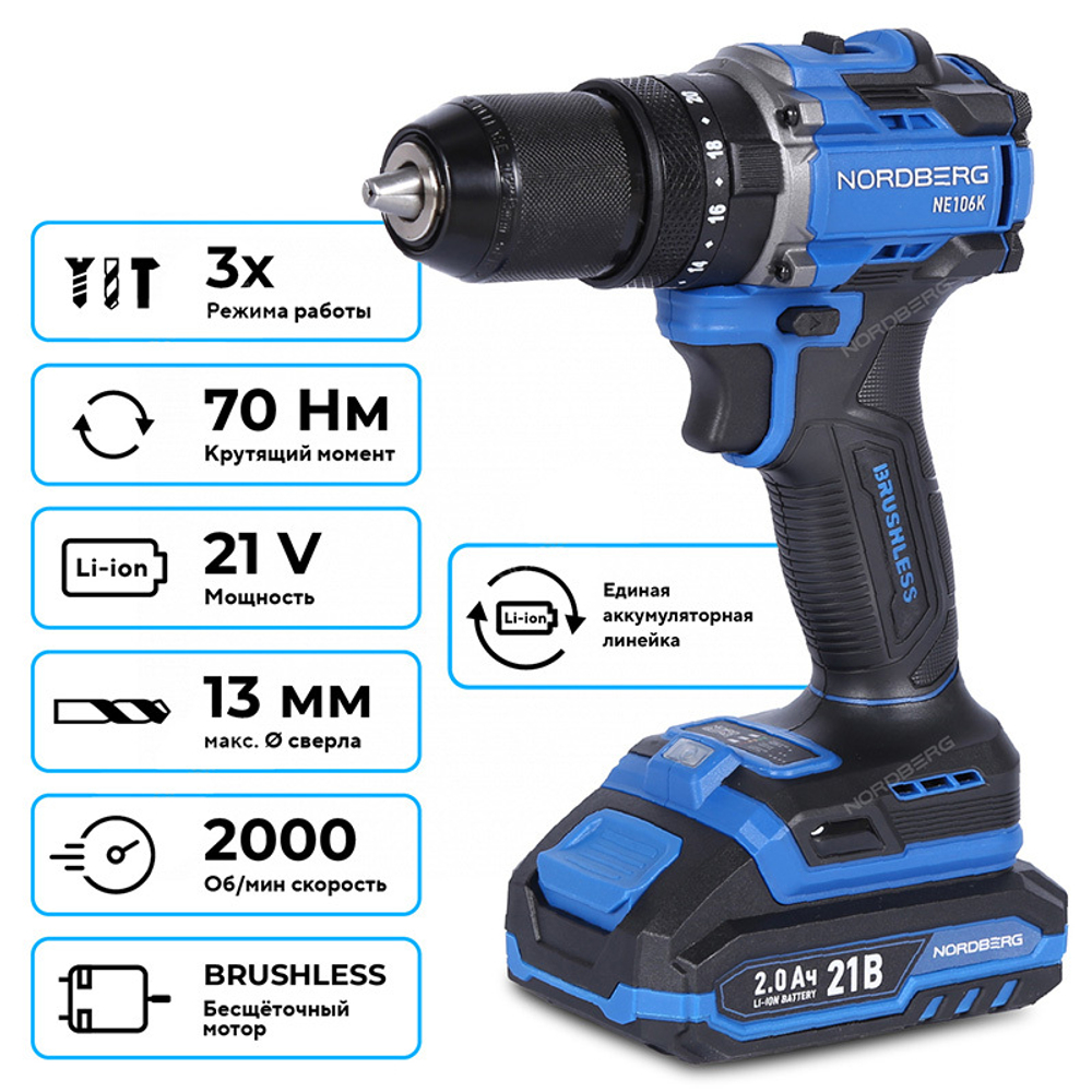 NORDBERG (NE106K) Шуруповерт аккумуляторный макс.диам. сверла 13 мм, 21 В, 70 Нм с 2 аккум. и зар.устр