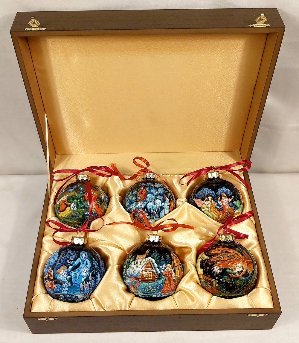 Сувенирный набор из 6-ти новогодних шаров с ручной росписью Палех