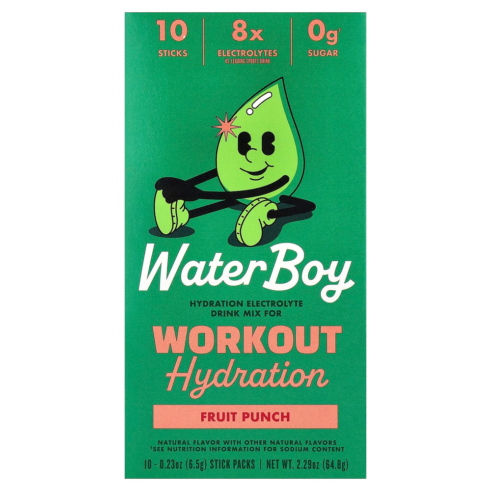 Waterboy, Workout Hydration, смесь для приготовления электролитического напитка, со вкусом фруктового пунша, 10 пакетиков-стиков по 6,5 г (0,23 унции)