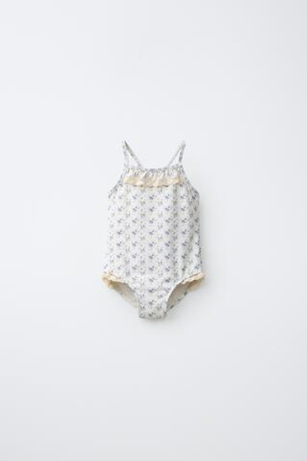 ZARA КУПАЛЬНИК С ЦВЕТОЧНЫМ КРУЖЕВОМ, БЕЖЕВЫЙ