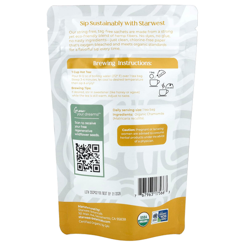 Starwest Botanicals, Органический ромашковый чай, без кофеина, 20 органических чайных пакетиков, 30 г (1,4 унции)