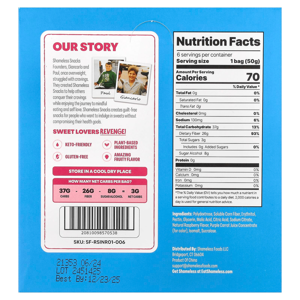Shameless Snacks, Gummy Candy, Red Raspberry Sour Scouts®, 6 пакетиков по 50 г (1,8 унции)