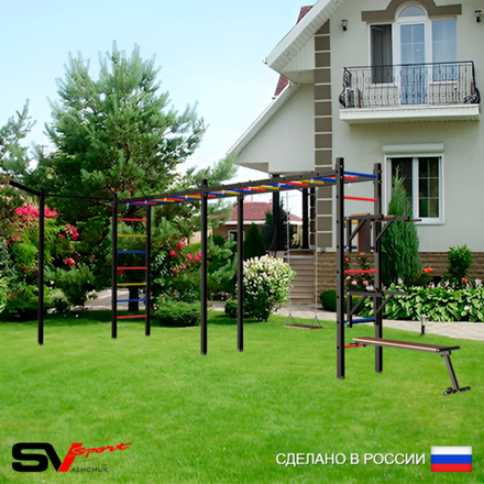 Уличная шведская стенка Sv Sport рукоход х 2 с комплектом турник прямой У55633 (Брусья/Стойка/Скамья/Деревянные/Кронш бокс)