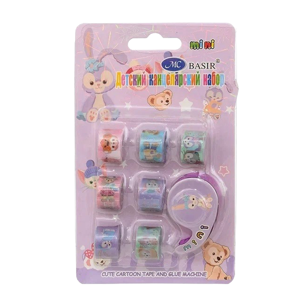 Набор разноцветная клейкая лента 7 штук и 1 диспенсер (декоративный детский скотч с рисунками зайчика, канцелярский) MC-Basir