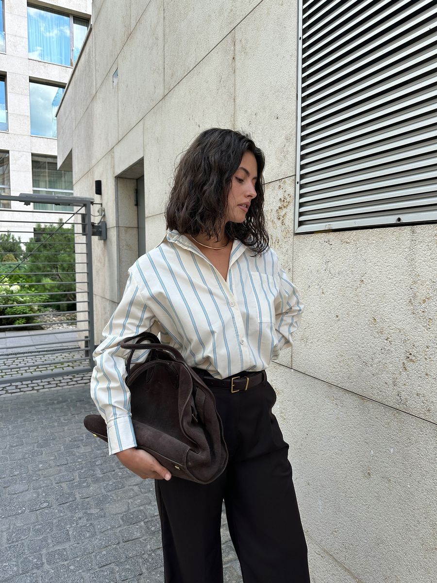 Рубашка из хлопка в бежево-голубую полоску