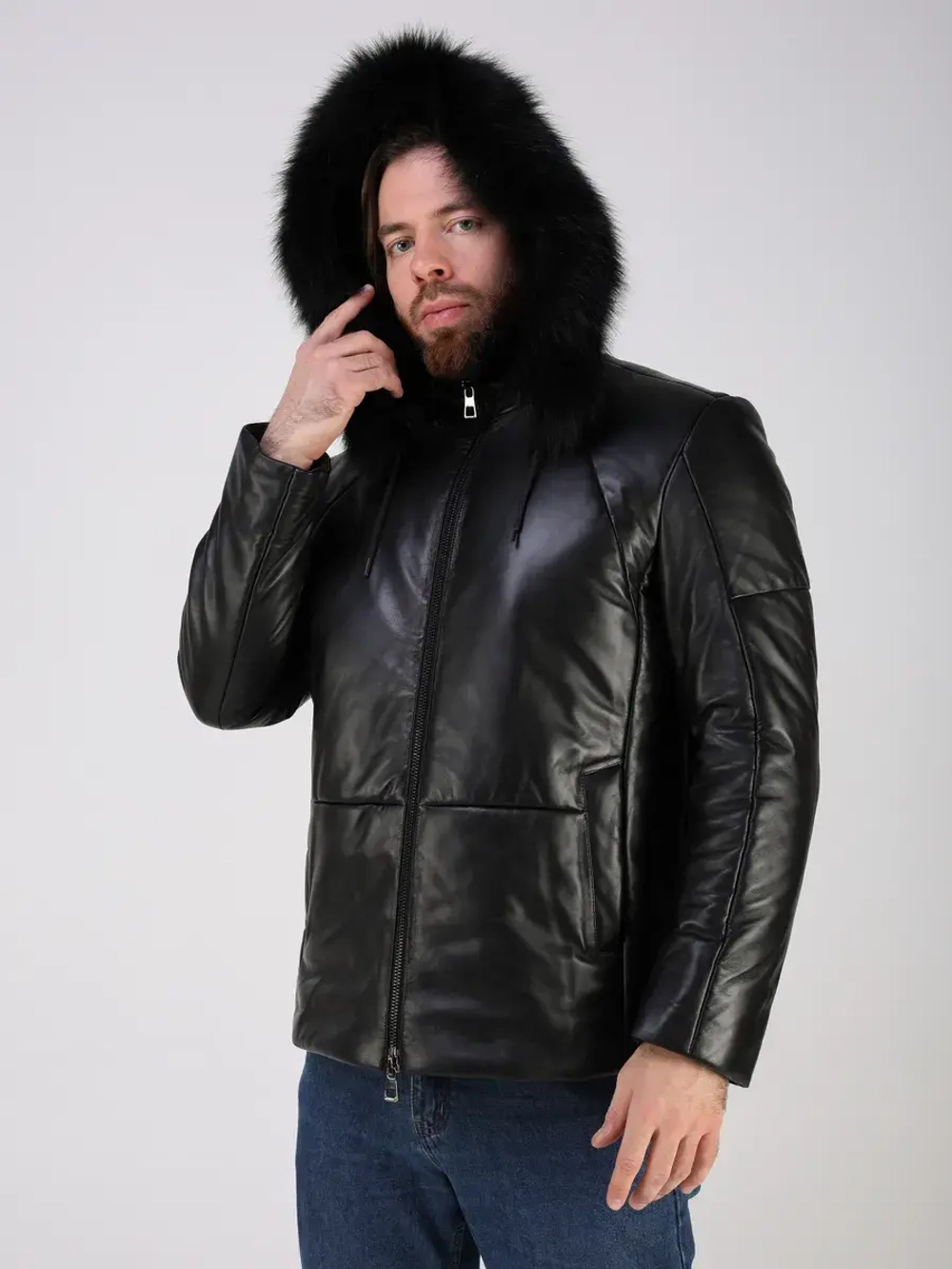 Куртка зимняя кожаная с капюшоном пуховик