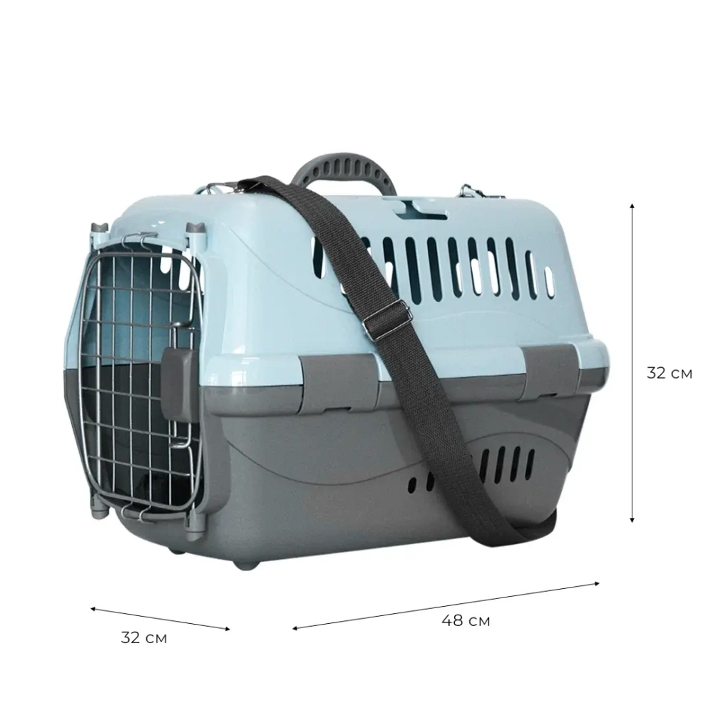 Переноска пластиковая ZOOEXPRESS "Турне" с металлической дверцей, авиазамком, ковриком и ремнем - 48х32х32 см (M) - голубая