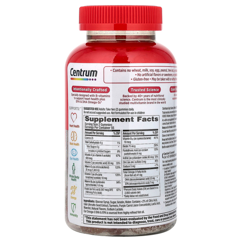 Centrum, Multigummies + Omega-3, натуральная клубника, лимон и апельсин, 110 жевательных таблеток