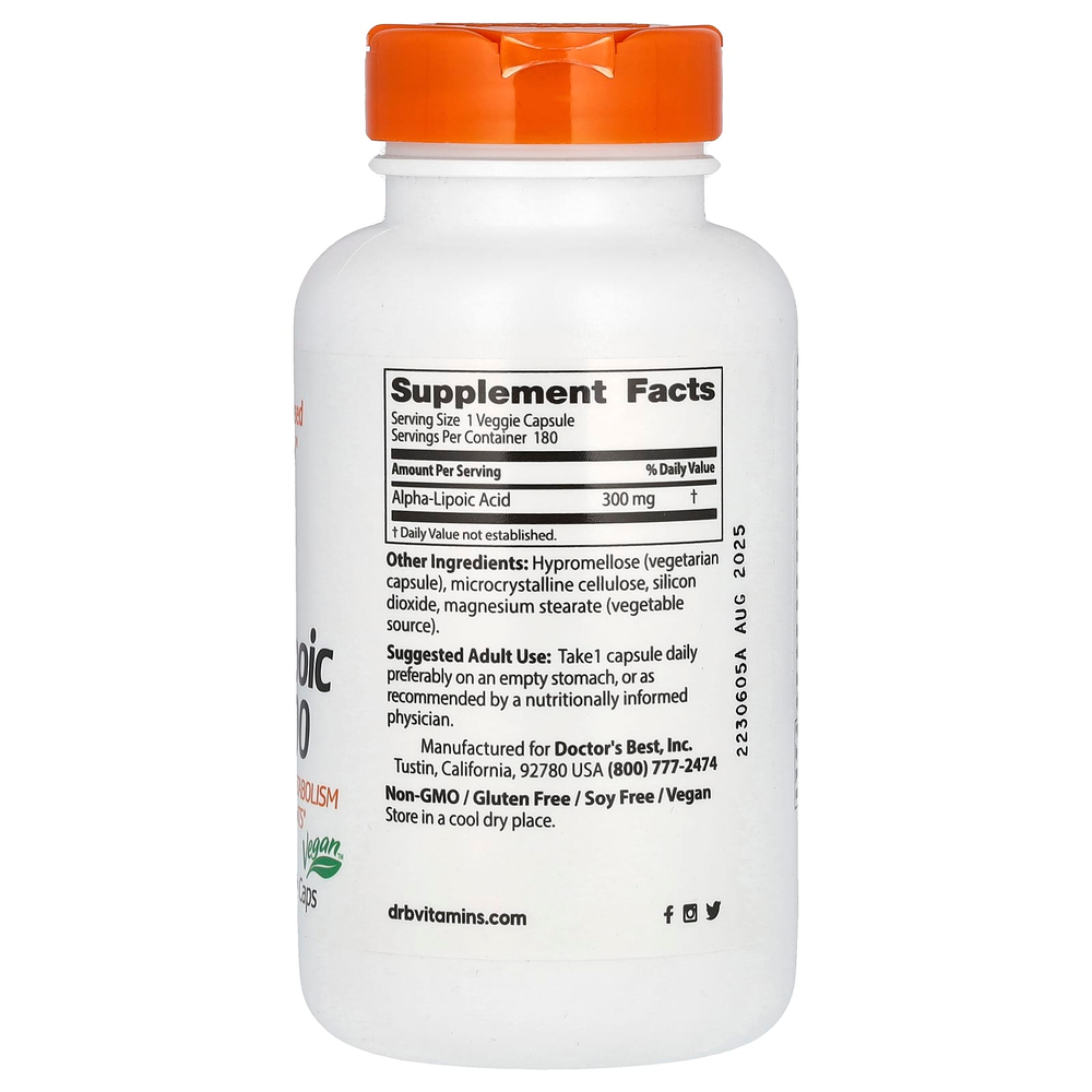 Doctor's Best, альфа-липоевая кислота 300, 300 мг, 180 растительных капсул