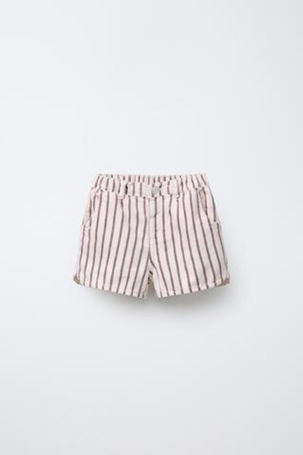ZARA ШОРТЫ-БЕРМУДЫ ИЗ ТВИЛА В ПОЛОСКУ, ЭКРЮ/ГРАНАТОВЫЙ