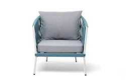 "Диего" кресло плетеное из роупа, каркас алюминий светло-серый (RAL7035) муар, роуп бирюзовый круглый, ткань светло-серая