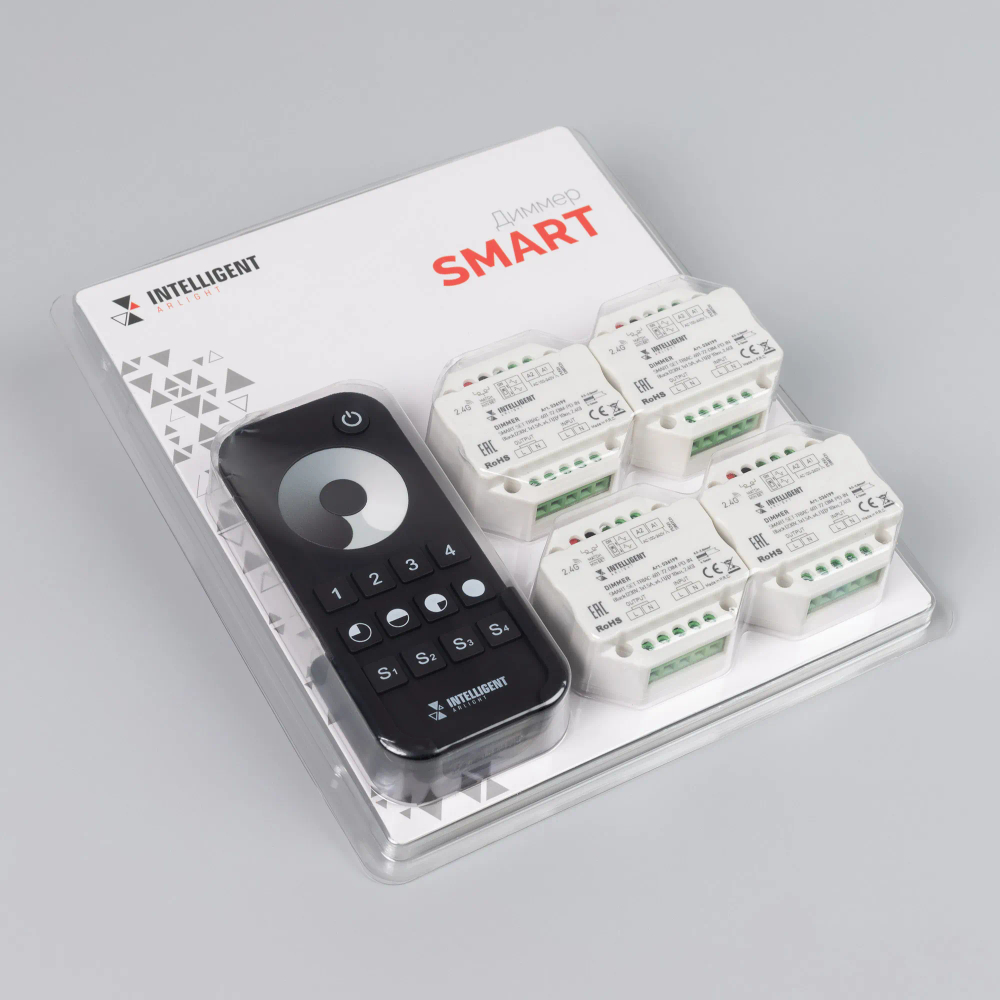 INTELLIGENT ARLIGHT Диммер SMART-SET-TRIAC-601-72-DIM-PD-IN Black (230V, 1x1.5A, x4, ПДУ 10кн, 2.4G) (IARL, IP20 Пластик, 5 лет) 036199