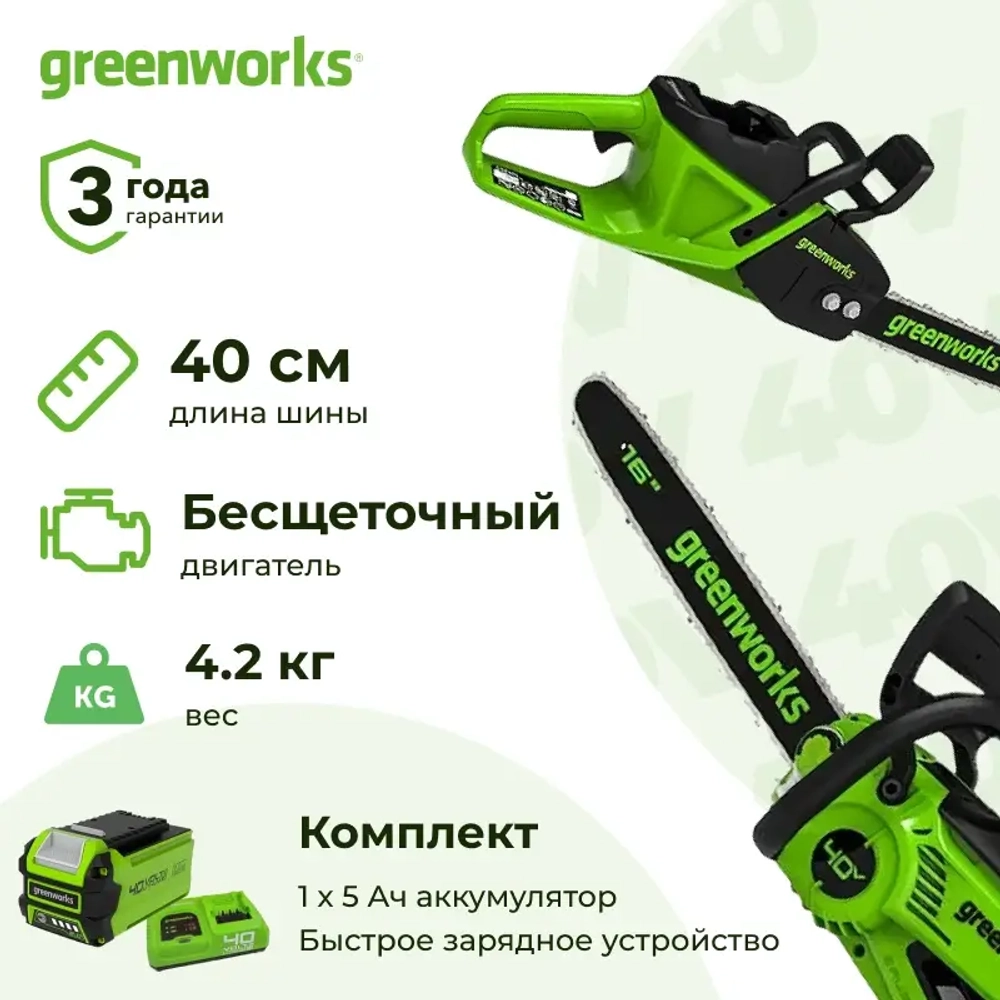 Аккумуляторная цепная пила Greenworks GD40CS20XK5 (1 x 5 Ач, Быстрое ЗУ) 2008807U5F