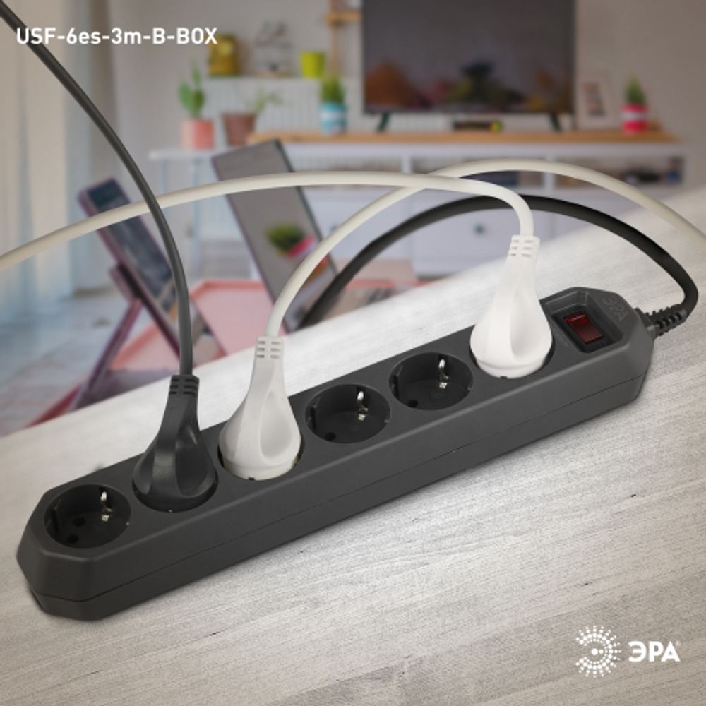 Сетевой фильтр ЭРА USF-6es-3m-B с базовой защитой с заземлением с выключателем 6 розеток 3м 10А черный