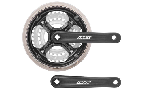 Система шатунов NSA-3003, звёзды 28 серебр./38 серебр./48 черн. зуба стальные, шатуны 175мм алюминиевые чёрные, линия цепи 48,5 мм, защита цепи пластиковая ПВХ дымчатая