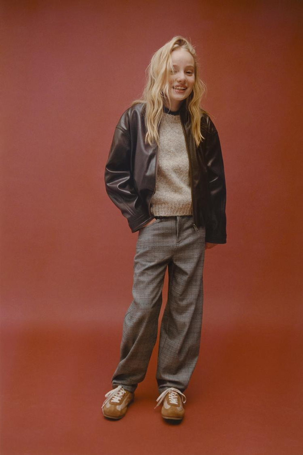 ZARA УТЕПЛЕННЫЕ БРЮКИ BARREL В КЛЕТКУ, СВЕТЛО-БЕЖЕВЫЙ