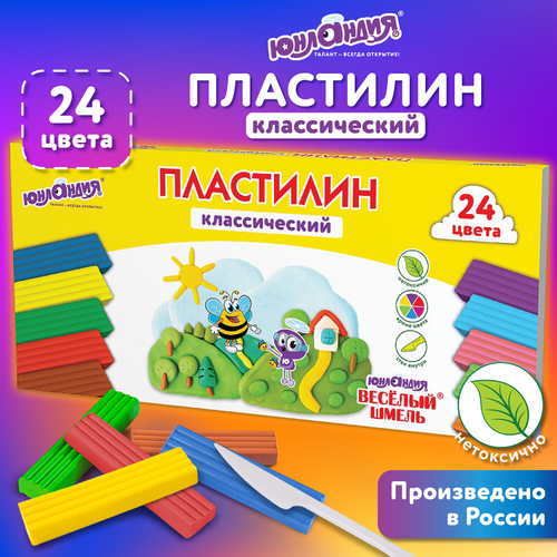 Пластилин классический ЮНЛАНДИЯ "ВЕСЁЛЫЙ ШМЕЛЬ", 24 цвета, 480 грамм, стек, ВЫСШЕЕ КАЧЕСТВО, 106433