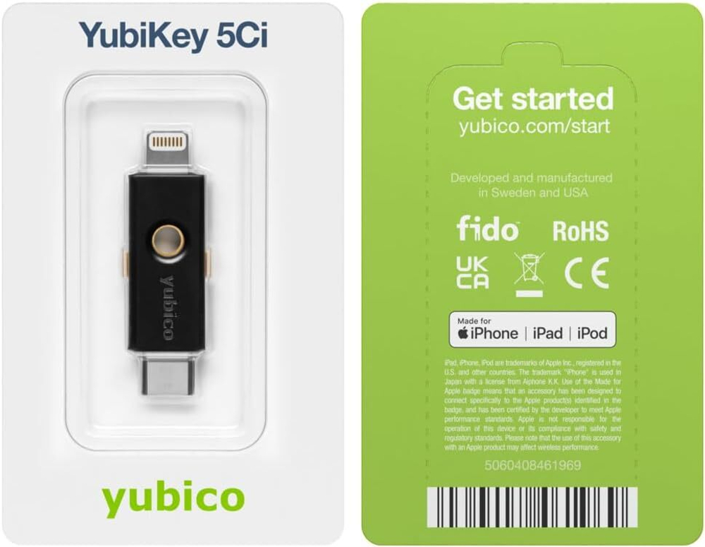 Yubico YubiKey 5Ci — Аппаратный ключ безопасности с двойным интерфейсом (Lightning + USB-C) Двухфакторная аутентификация для iOS, Android, Windows и macOS