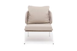 "Милан" кресло плетеное из роупа, каркас алюминий белый муар, роуп бежевый круглый, ткань бежевая 052