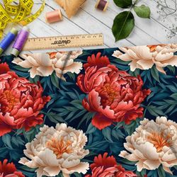 Ткань премиум Оксфорд 600D пионы на сероголубых листьях