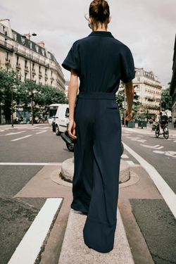 ZARA ДЛИННЫЙ КОМБИНЕЗОН ИЗ КРЕПА, МОРСКОЙ СИНИЙ