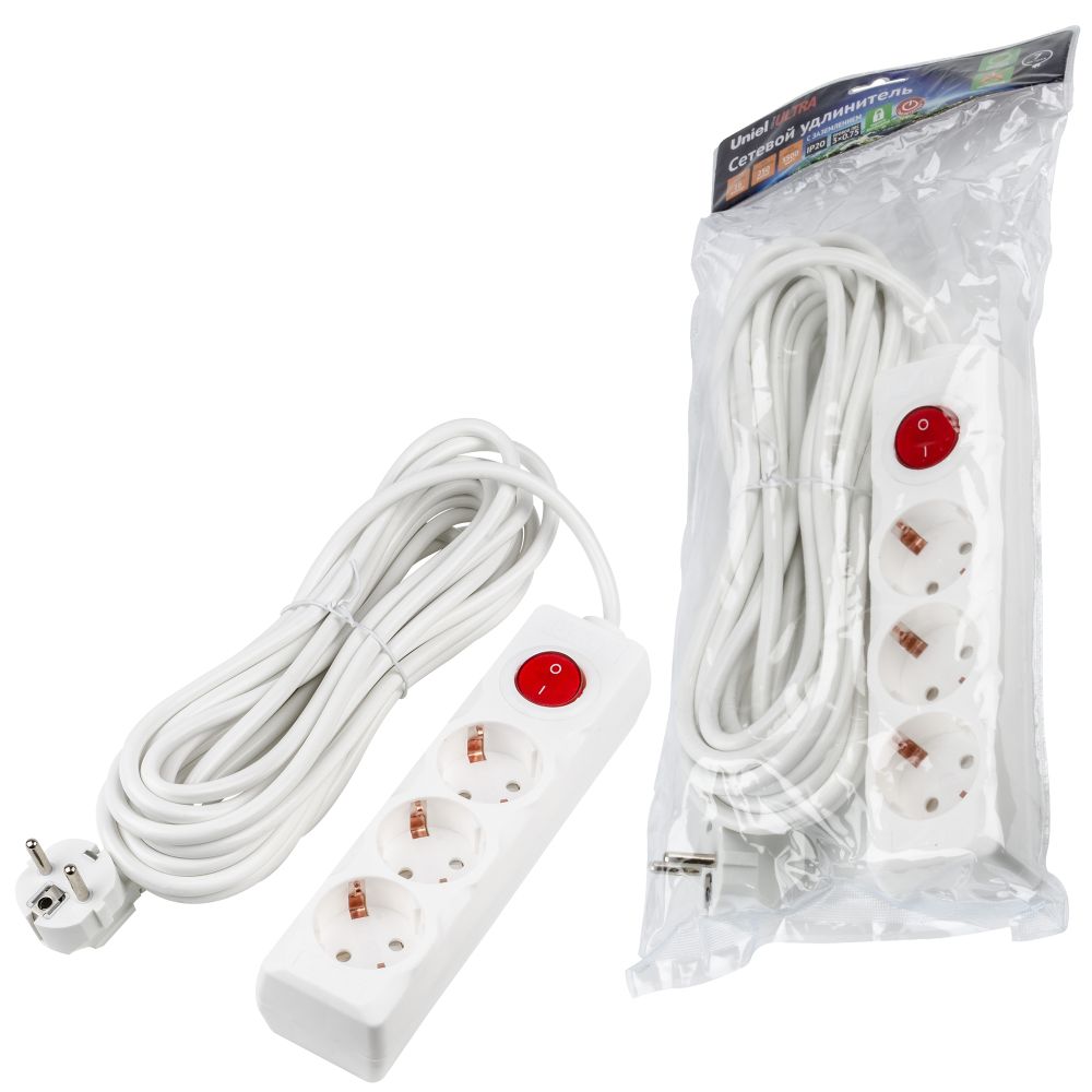 S-GCU3-7B WHITE Удлинитель серии Ultra, шнур 7м., 3 гнезда, 16A, с/з. Белый. TM Uniel