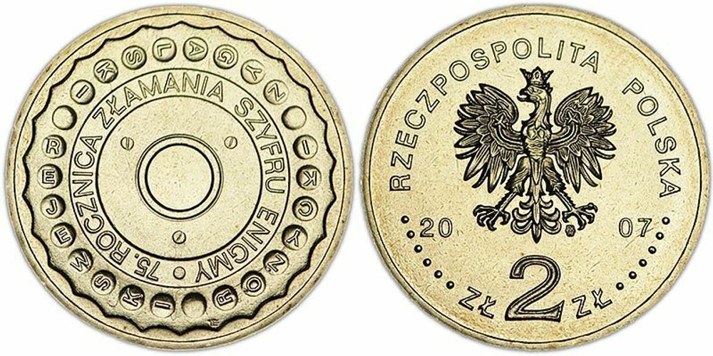 Польша 2 злотых, 2007 75 лет взлому шифровальной машины Энигма UNC