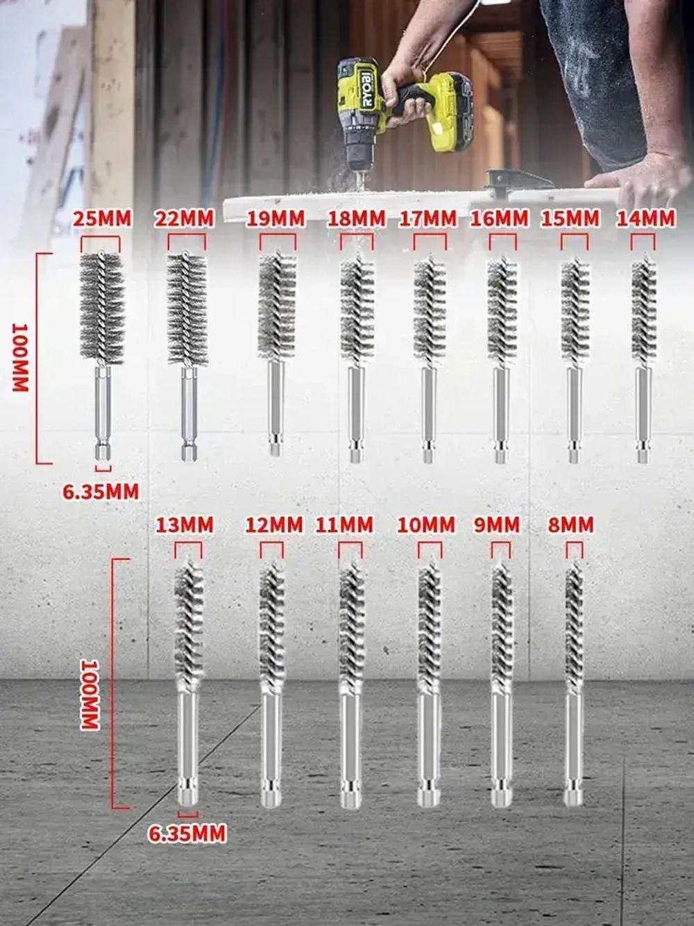 Щетка для скважин из нержавеющей стали с шестигранной ручкой, набор из 14 шт. для полировки и снятия заусенцев