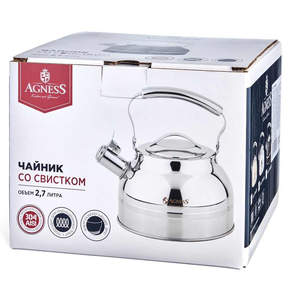 ЧАЙНИК AGNESS СО СВИСТКОМ 2,7Л, ТЕРМОАККУМУЛИРУЮЩЕЕ ДНО, 304 СТАЛЬ, ИНДУКЦИЯ
