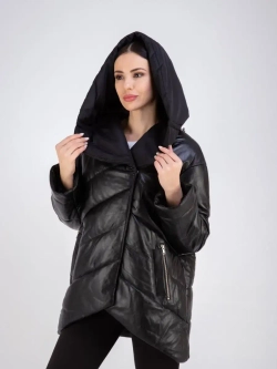 Куртка женская кожаная утепленная оверсайз с капюшоном