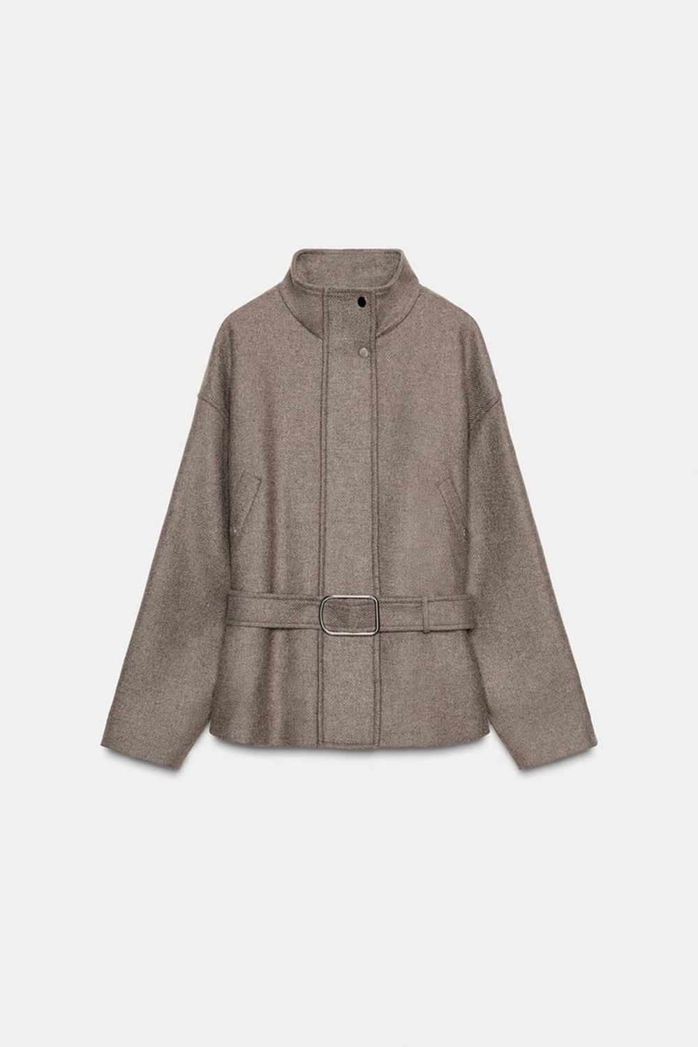 ZARA КОРОТКОЕ ПАЛЬТО ИЗ СМЕСОВОЙ ШЕРСТИ С ПОЯСОМ, ТЕМНЫЙ СЕРО-КОРИЧНЕВЫЙ