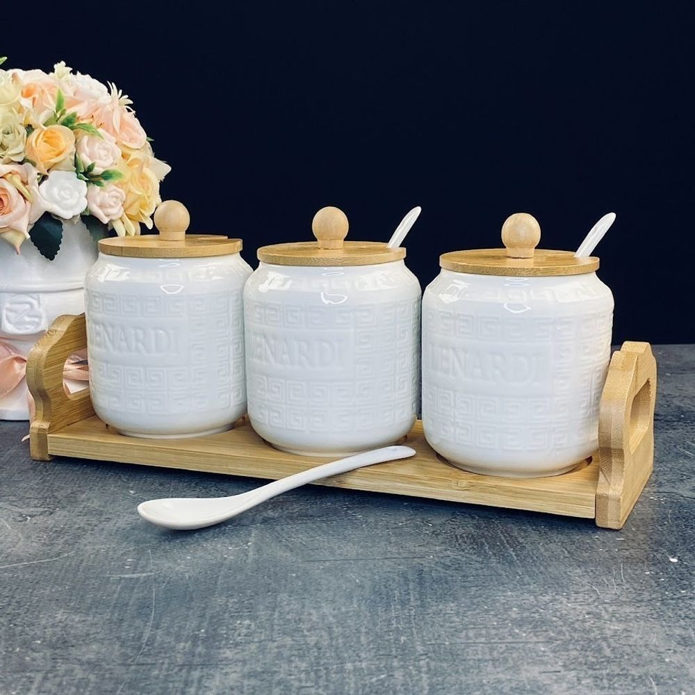 Lenardi 140-119 Набор из 3 банок 350мл для специй с ложками на подставке BAMBOO в под.уп.(х16)Фарфор