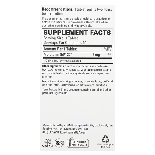 Terry Naturally, мелатонин EP120, 5 мг, 60 таблеток