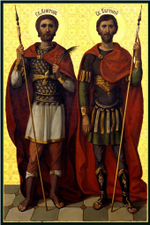Деревянная икона святых воинов Виктора и Евгения на левкасе мастерская Иконный Дом