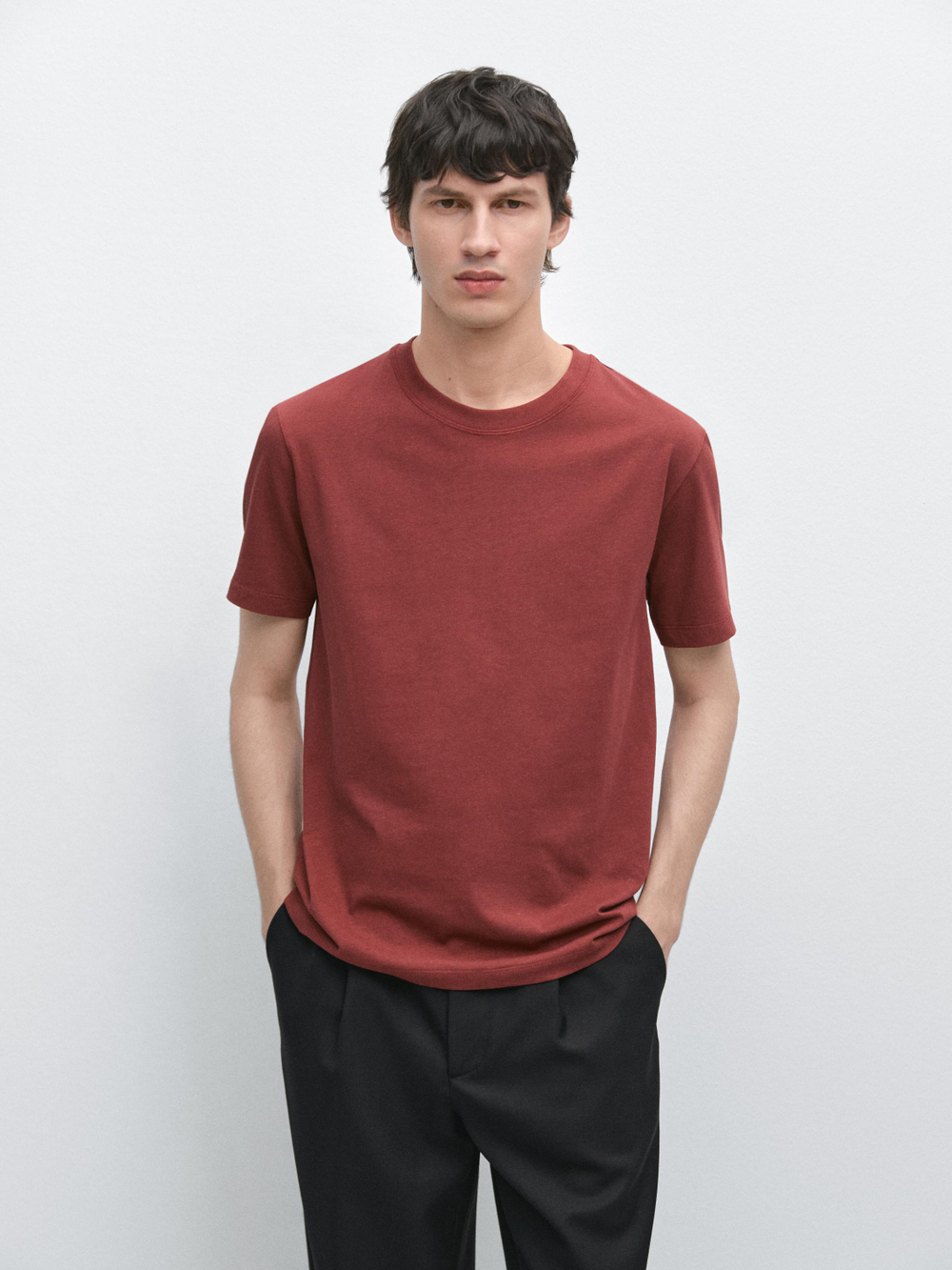 Massimo Dutti Футболка с коротким рукавом из смесовой хлопковой ткани, бордовый