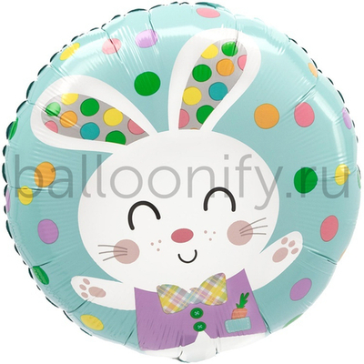 Фольгированная фигура, круг, Заяц радостный горошек цветной S40,18"/46СМ