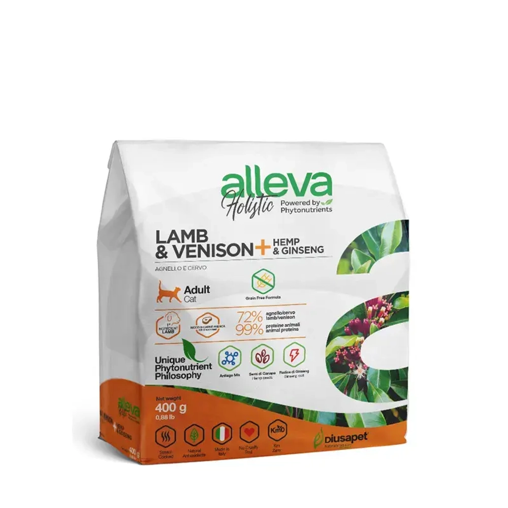 Alleva holistic cat adult lamb & venison сухой корм для взрослых кошек с ягненком и олениной, коноплей и женьшенем - 400 г