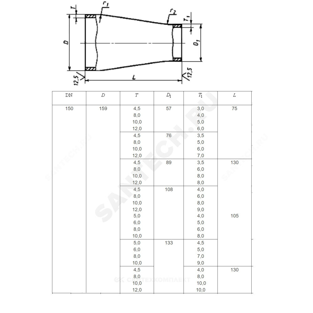 Переход сталь концентрический Дн 273х7,0-159х4,5 (Ду 250х150) бесшовный ГОСТ 17378-2001