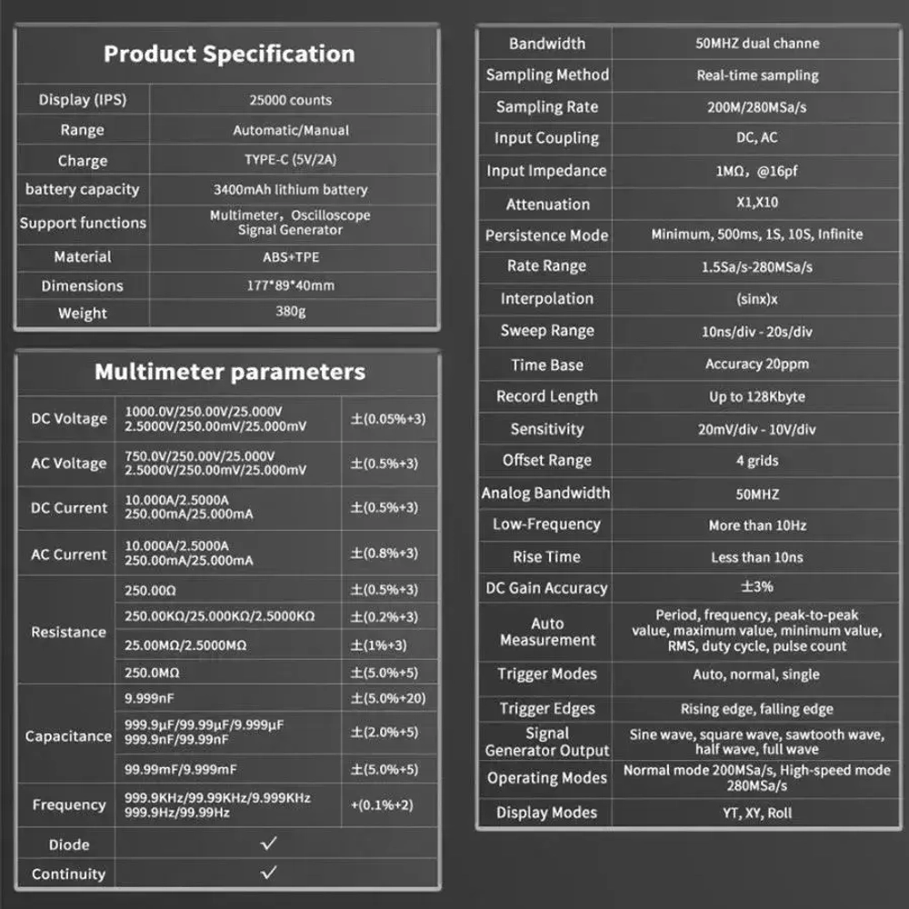 Цифровой мультиметр ZOYI ZT-703S двухканальный 50 МГц*2 /250 МС/с переменного/постоянного напряжения тока Ом частоты диодов сопротивления емкости