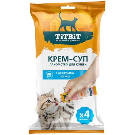 Лакомство для кошек крем-суп с кусочками Лосося 4шт ТитБит