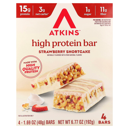 Atkins, высокопротеиновый батончик, клубничное печенье, 4 батончика по 48 г (1,69 унции)