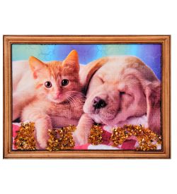 AMB-71/60 Картина «Щенок с котенком» (с янтарной крошкой) дер.краш.рамка 21х30